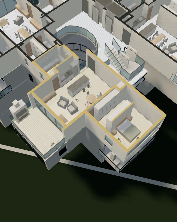 Departamento de dos ambientes del tercer piso marcado en la maqueta 3D