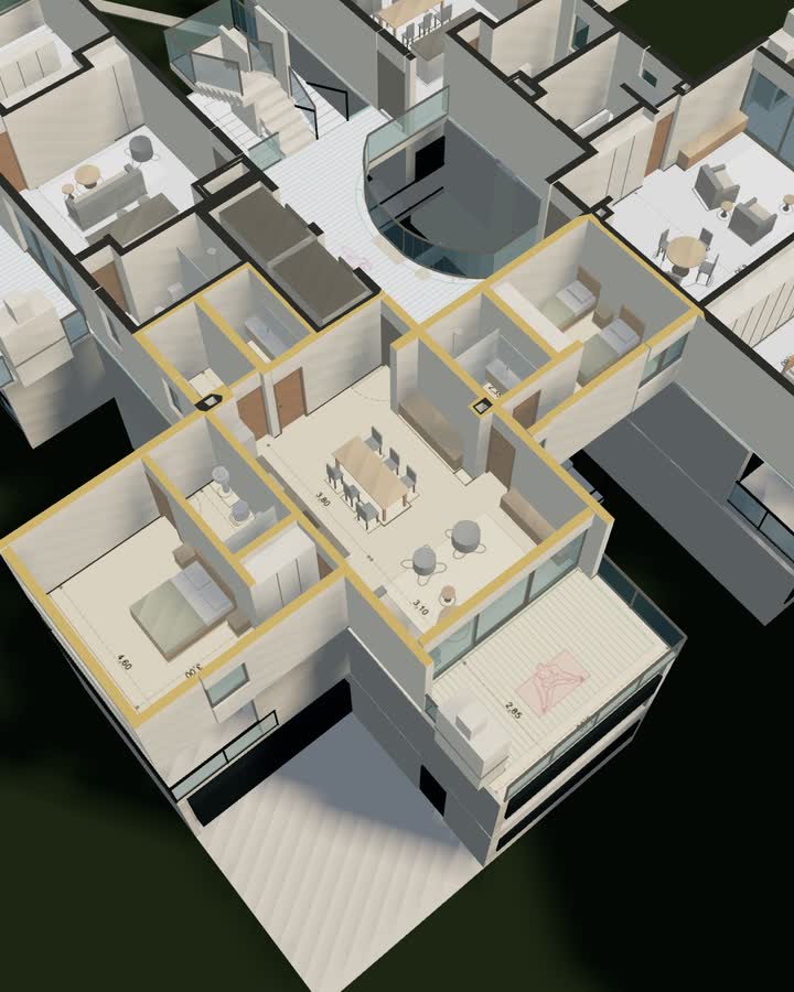 Departamento de tres ambientes del segundo piso marcado en la maqueta 3D