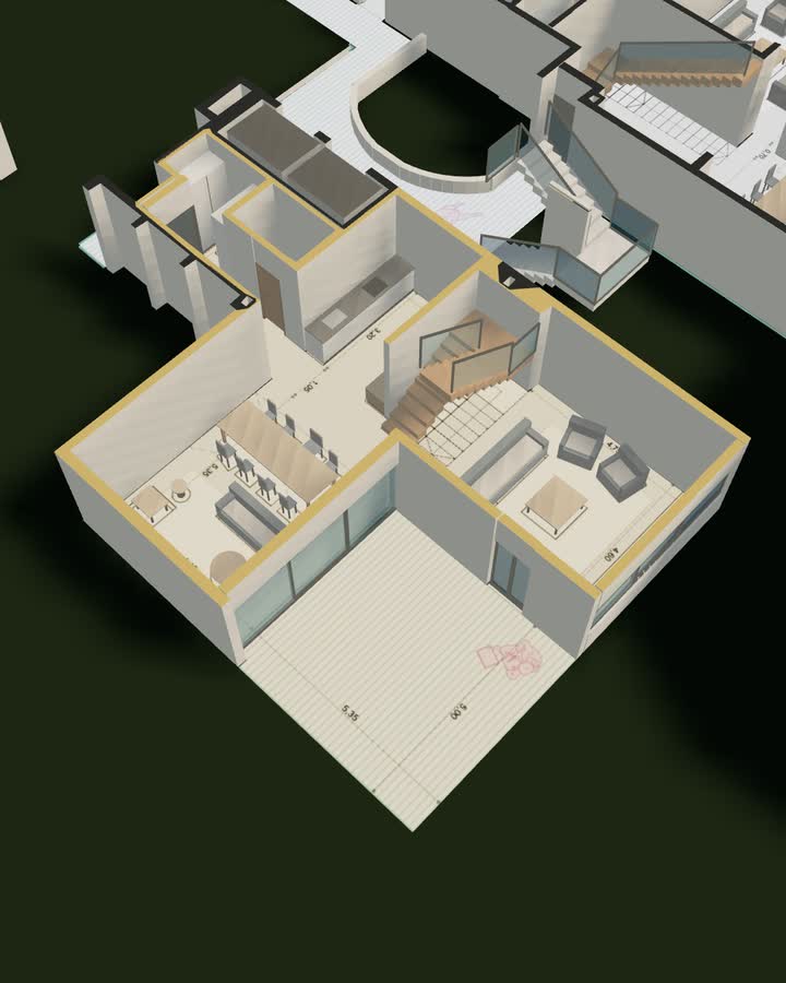 Dúplex de planta baja marcado en la maqueta 3D, con la escalera interna