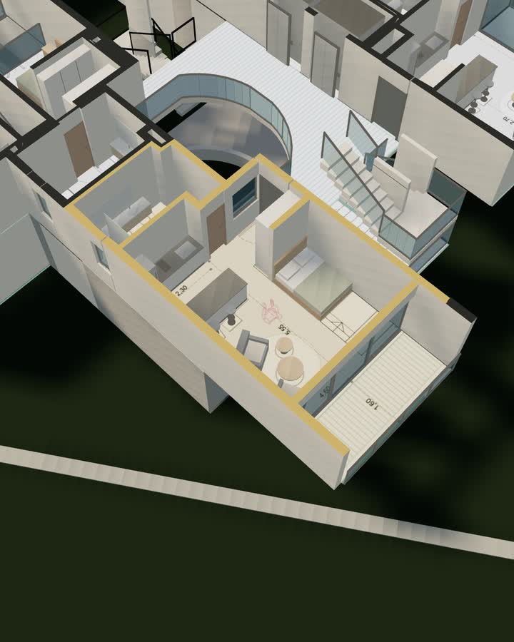 Monoambiente del primer piso marcado en la maqueta 3D, con su cocina, su baño y su balcón