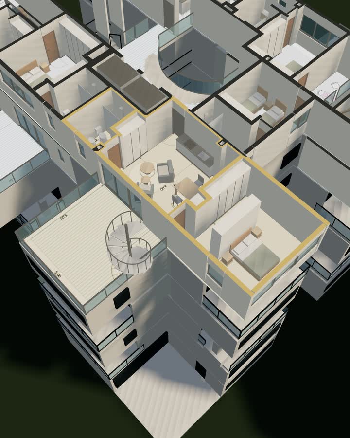 Departamento de dos ambientes del quinto piso con su terraza, marcado en la maqueta 3D